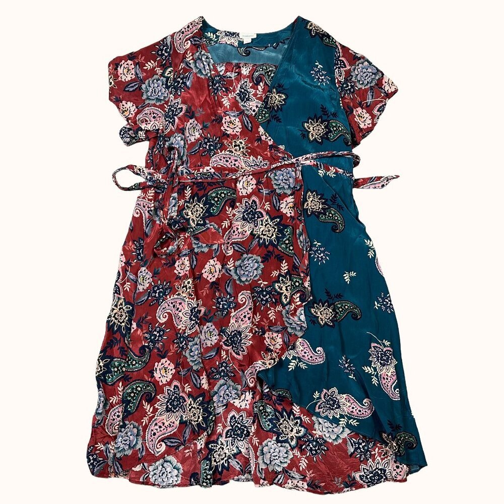 Sundance Two-Tone Paisley Wrap Dress in Red and Teal